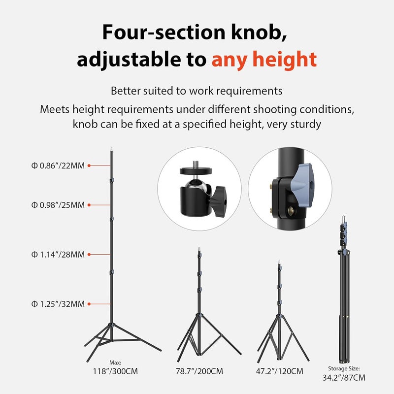 LEORFI Photography Light Stands 118"/10ft/300 cm: Heavy Duty Light Tripod Stand - Aluminum Lighting Stand - Photo Video Tripod Stand - with 1/4" Screw for Studio - Live Streaming Ring Light Reflectors - Image 2